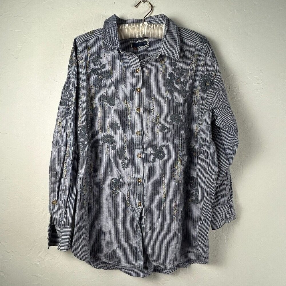 Pilcro Womens Embroidered Buttondown Shirt XSP Striped Blue Motif Long Sleeve